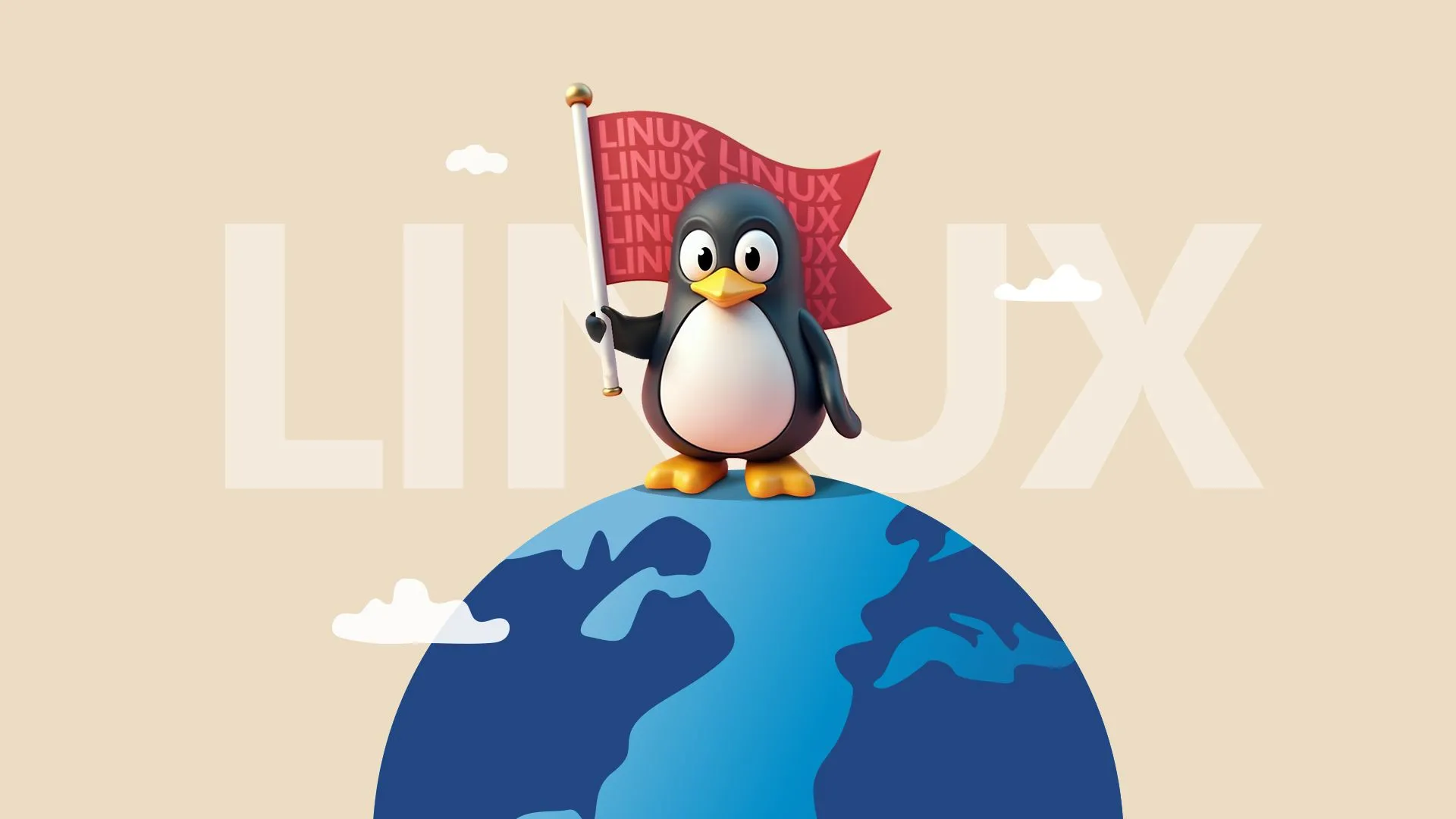 Linh vật Linux Tux đứng trên quả địa cầu và cầm cờ, tượng trưng cho sự phổ biến và tầm ảnh hưởng của hệ điều hành Linux trên toàn cầu.