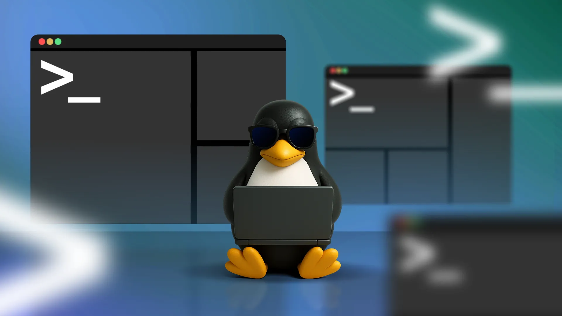Linh vật Linux Tux sử dụng laptop với nhiều cửa sổ terminal multiplexer xung quanh, minh họa sự đa nhiệm.