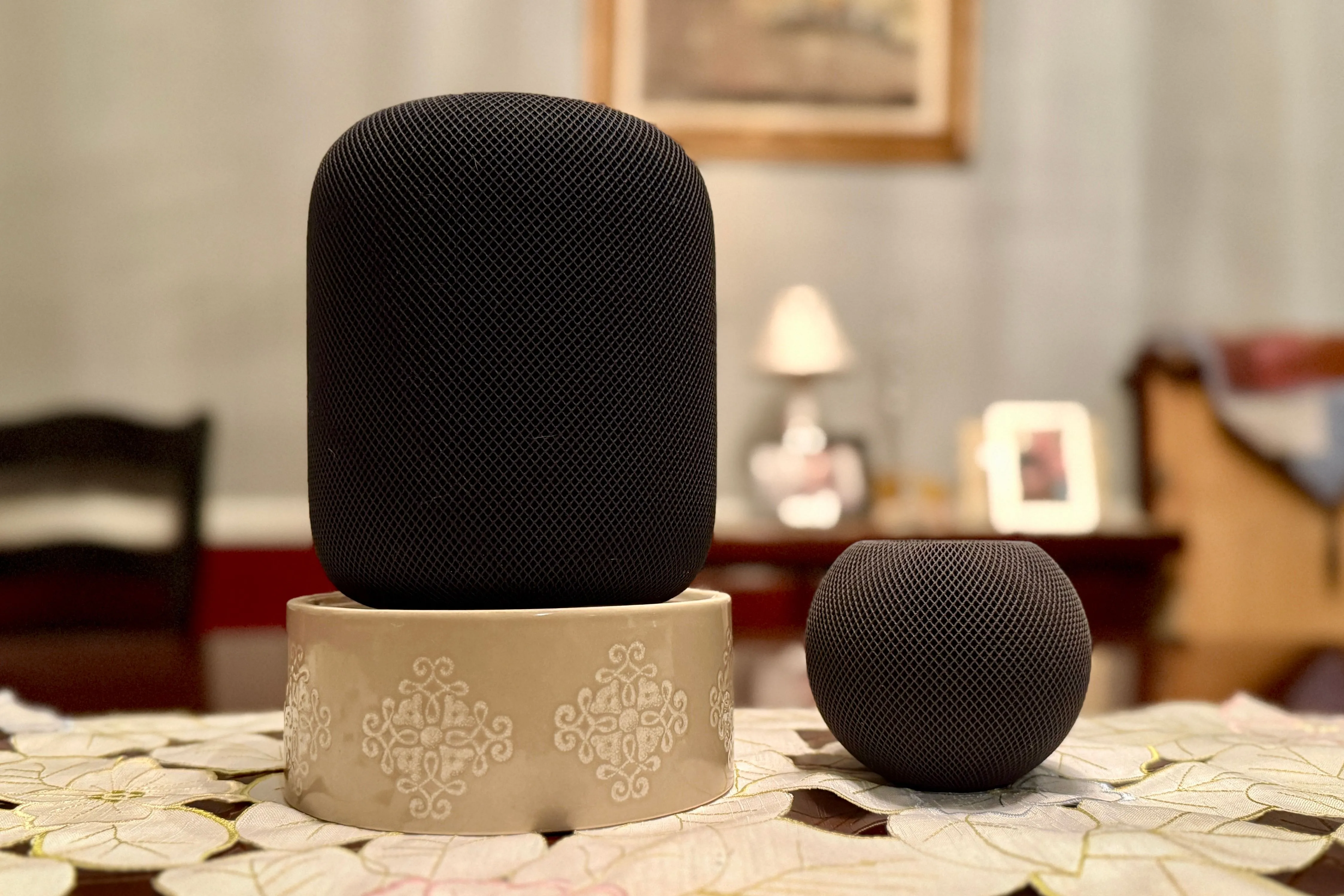Loa HomePod màu đen đứng cạnh HomePod mini màu đen, cho thấy rõ ràng sự khác biệt về chiều cao và thiết kế loa.