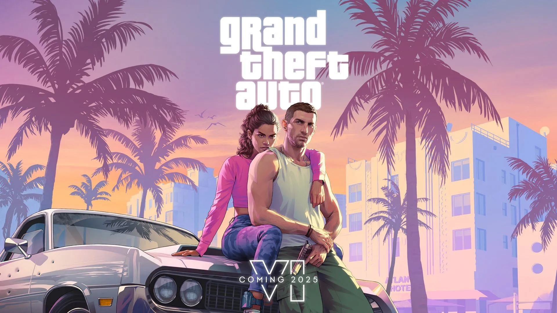 Logo game Grand Theft Auto 6 (GTA 6) với hình ảnh bãi biển Vice City