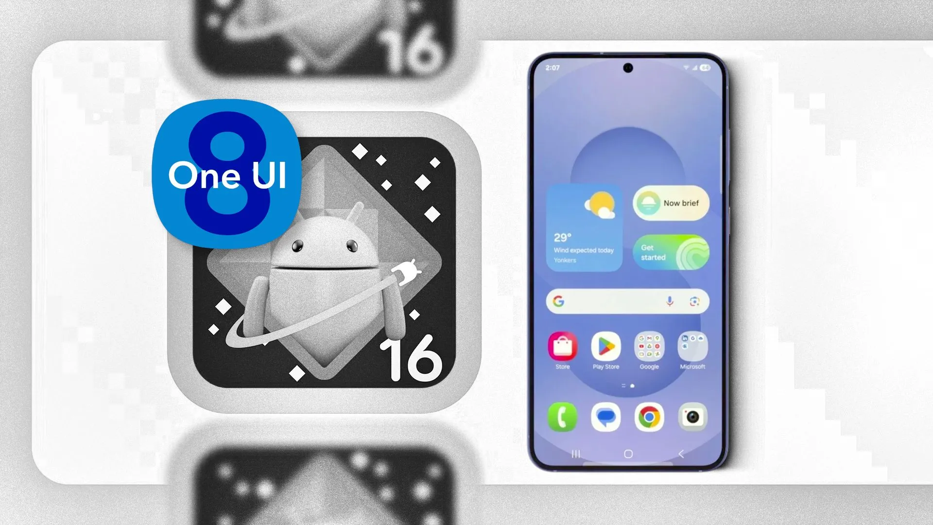 Logo One UI 8 và Android 16 trên điện thoại Samsung Galaxy