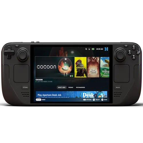 Logo và thông tin sản phẩm Steam Deck OLED, một thiết bị chơi game PC cầm tay được đánh giá cao.