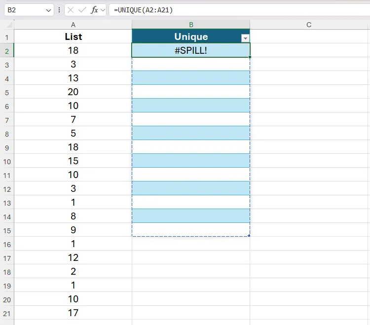 Lỗi #SPILL hiển thị khi sử dụng hàm UNIQUE trong một bảng Excel do không tương thích mảng động