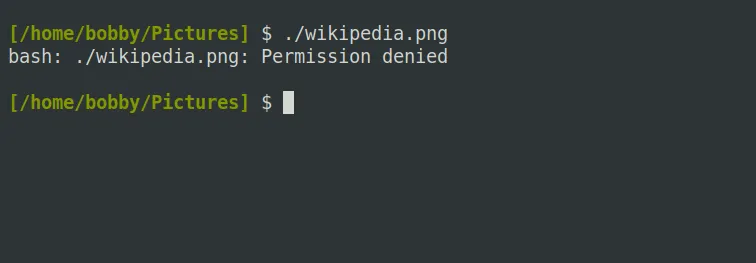 Lỗi từ chối quyền khi cố gắng thực thi một tệp ảnh không có quyền thực thi trên Linux.