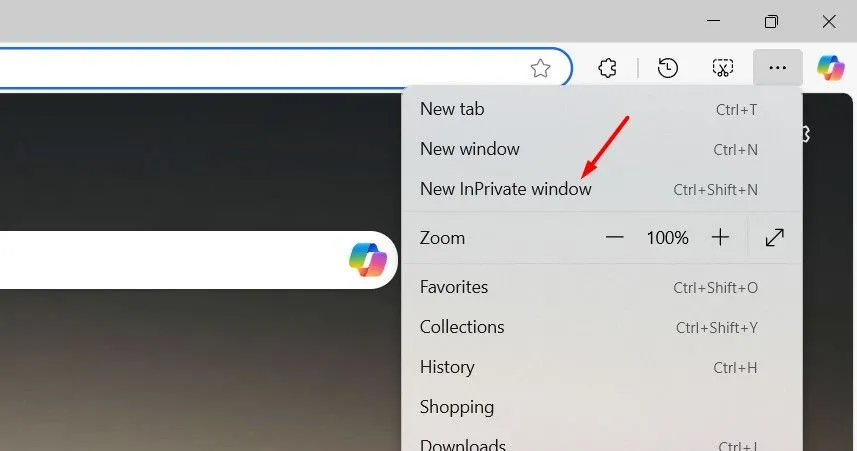 Lựa chọn &quot;Cửa sổ InPrivate mới&quot; (New InPrivate Window) trên Microsoft Edge.