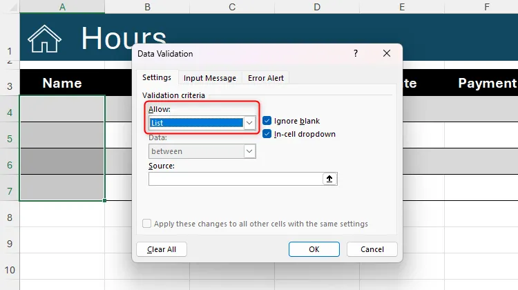 Lựa chọn &quot;List&quot; trong trường Allow của hộp thoại Data Validation, cho phép tạo danh sách thả xuống từ các giá trị định sẵn.