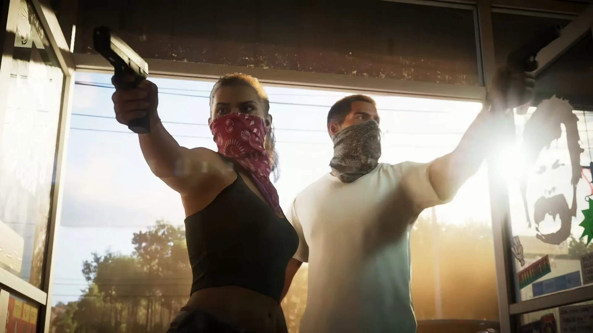 Lucia và Jason bước qua cửa trạm xăng với vũ khí trong Grand Theft Auto VI, tượng trưng cho những pha hành động kịch tính và môi trường thế giới mở.