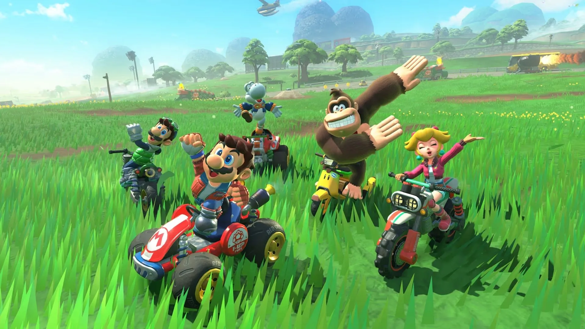 Luigi và Wario tranh giành vị trí dẫn đầu trong một vòng đua của Mario Kart World.