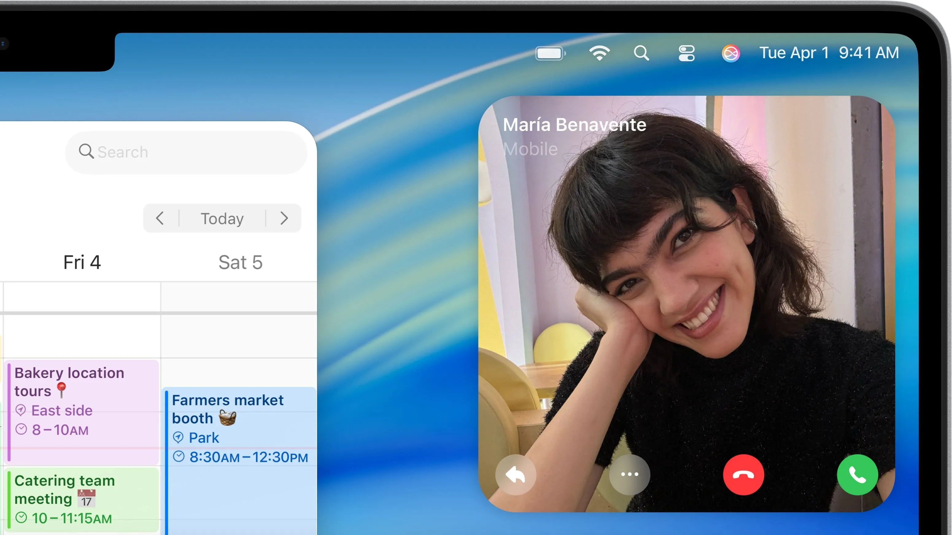macOS Tahoe hiển thị bản xem trước cuộc gọi video FaceTime đến trên thanh menu, cho thấy thông báo và tùy chọn trả lời cuộc gọi một cách tiện lợi ngay từ màn hình chính.