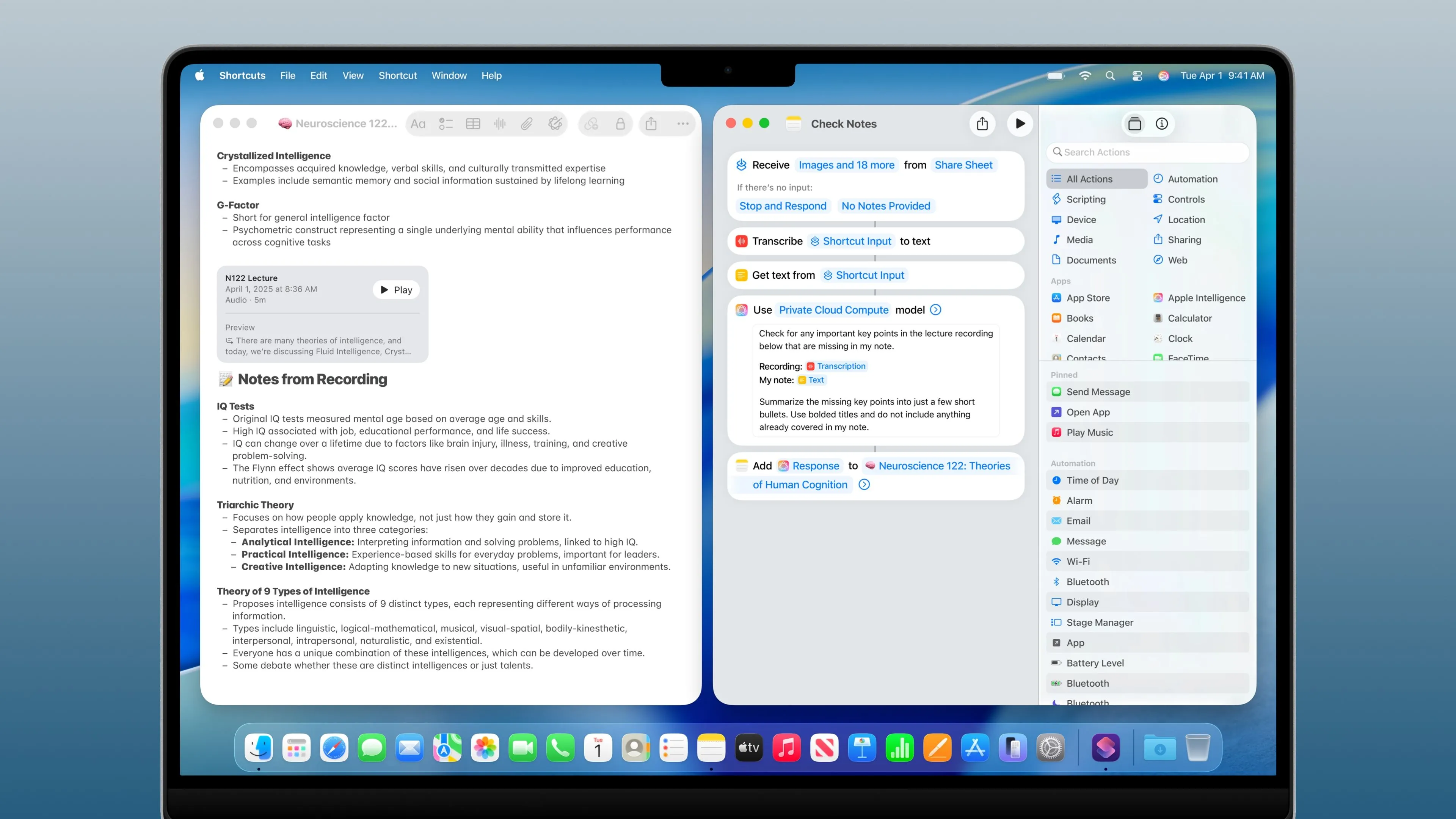 macOS Tahoe hiển thị một quy trình tự động hóa trong ứng dụng Phím tắt (Shortcuts) sử dụng các mô hình AI và tác vụ Apple Intelligence, minh họa cách người dùng có thể tạo các luồng công việc thông minh, tối ưu hóa hiệu suất.