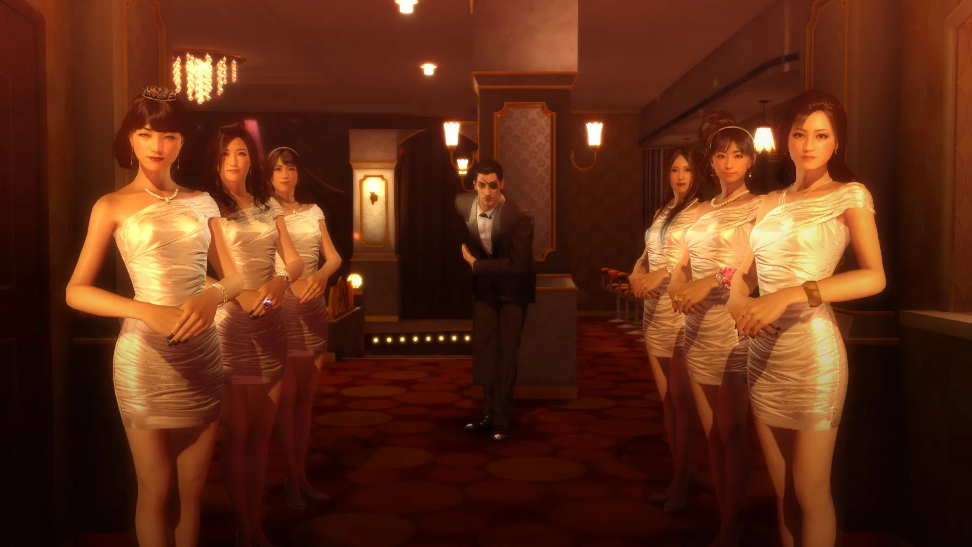 Majima đang quản lý câu lạc bộ tiếp viên trong minigame Hostess Club Management của Yakuza 0, với các cô gái ngồi cạnh khách hàng.