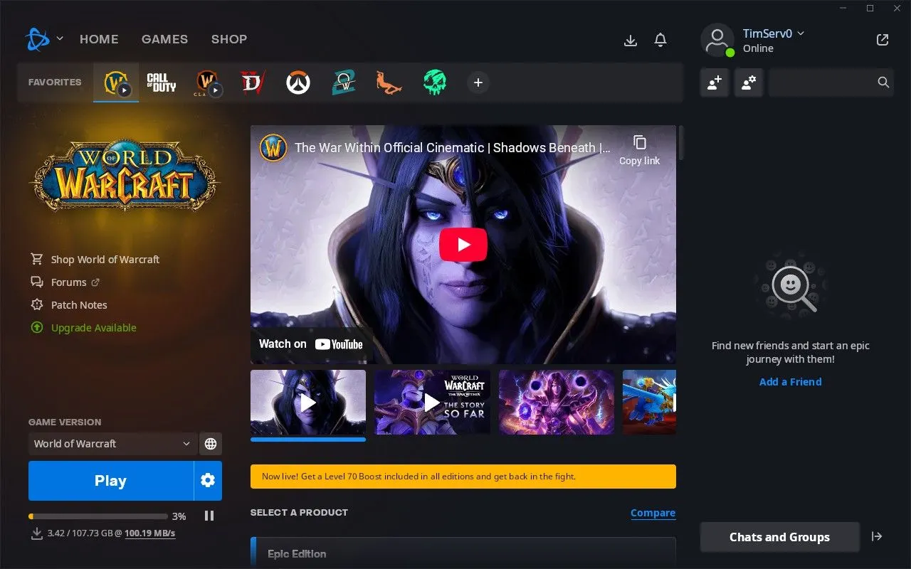 Màn hình Battle.net hiển thị tiến độ tải xuống game World of Warcraft