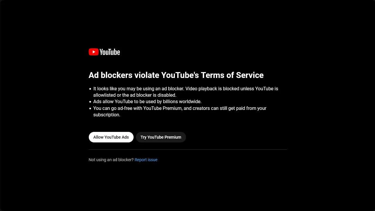 Màn hình cảnh báo từ YouTube yêu cầu người dùng tắt trình chặn quảng cáo, minh họa động thái cứng rắn của YouTube trong cuộc chiến chống lại AdBlock