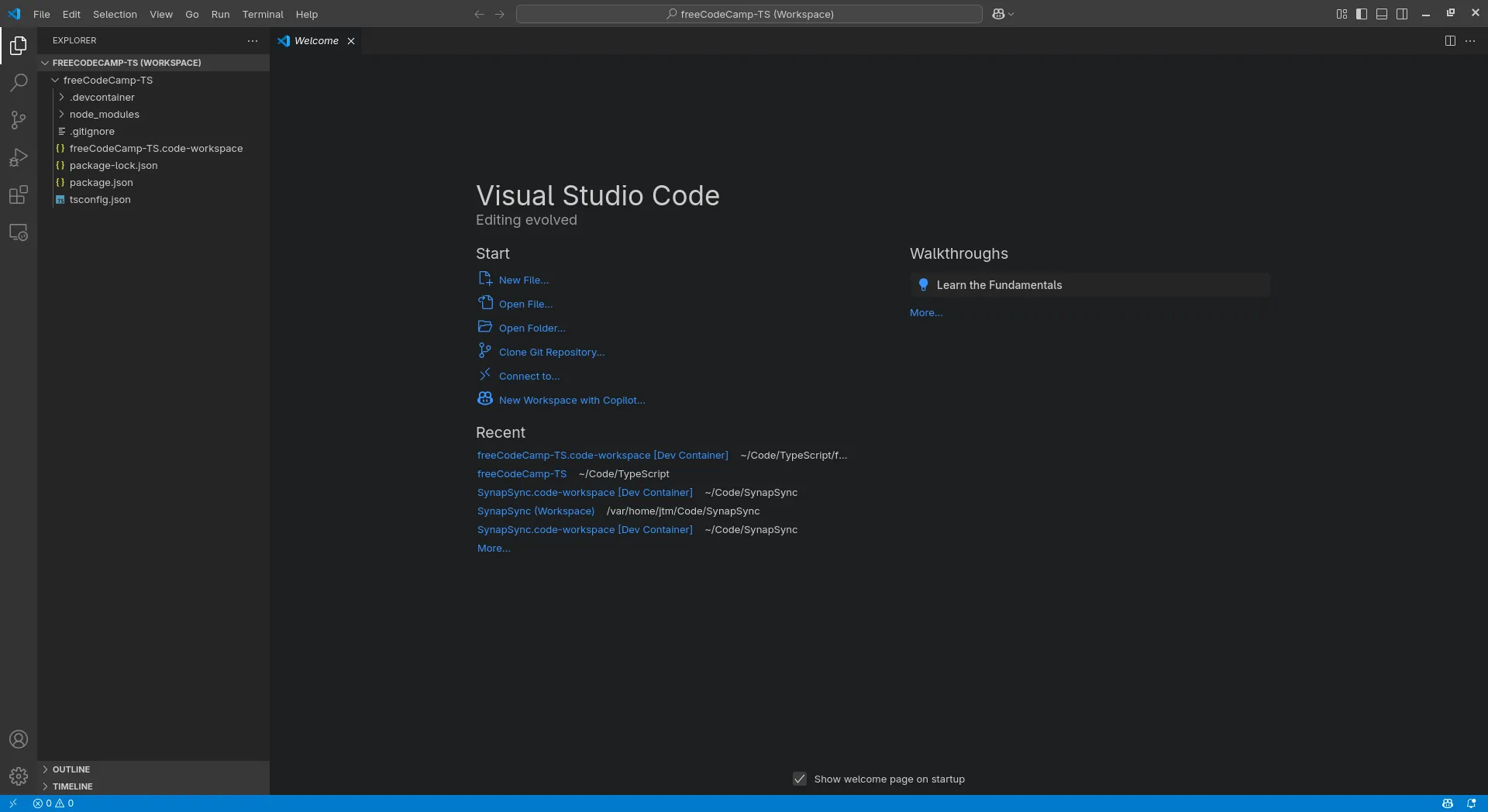 Màn hình chào mừng của Visual Studio Code khi khởi động, giới thiệu các tính năng cơ bản và tùy chọn dự án.