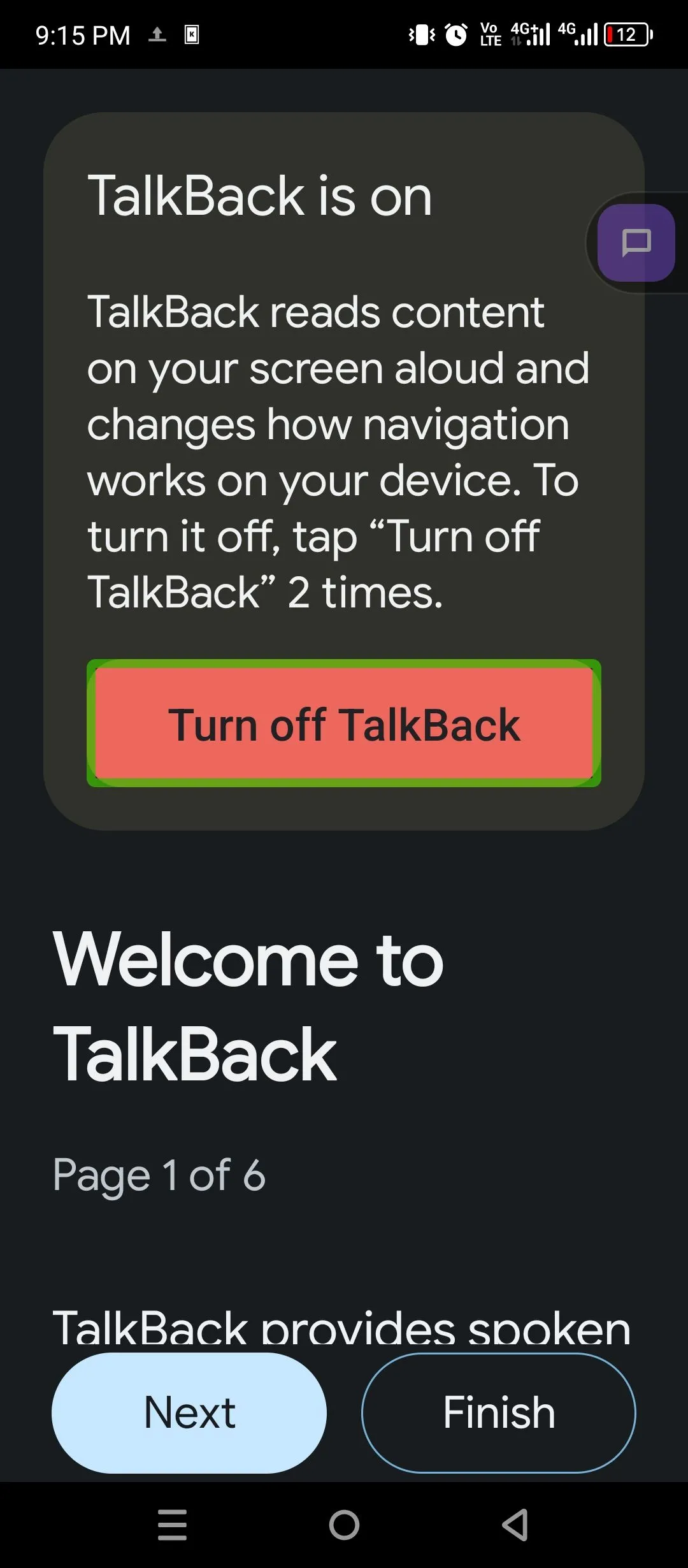Màn hình chào mừng và hướng dẫn sử dụng tính năng TalkBack trên Android