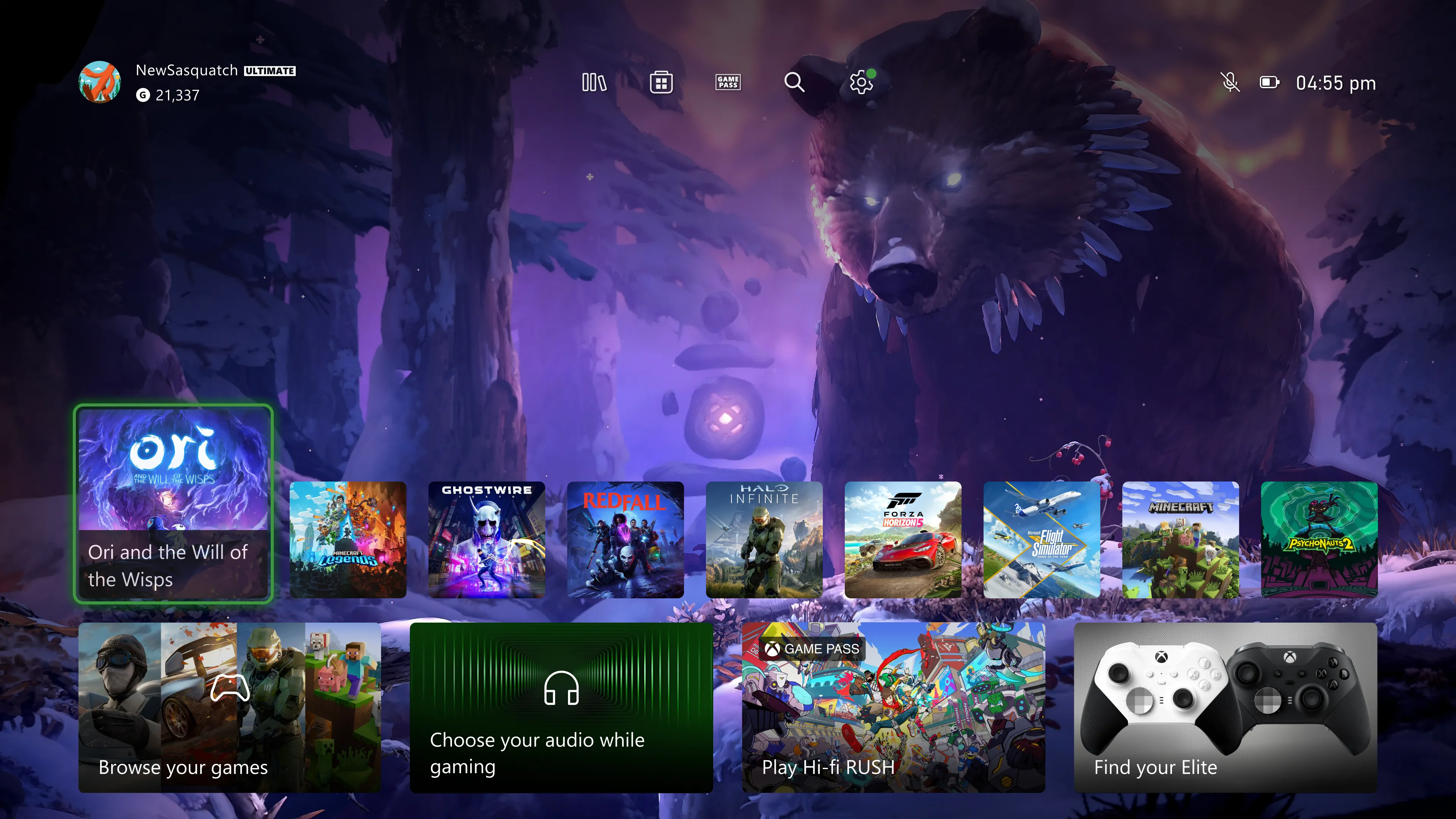 Màn hình chính của giao diện Xbox hiện tại, hiển thị menu truy cập nhanh ở phía trên, minh họa cho trải nghiệm người dùng trên console Xbox.