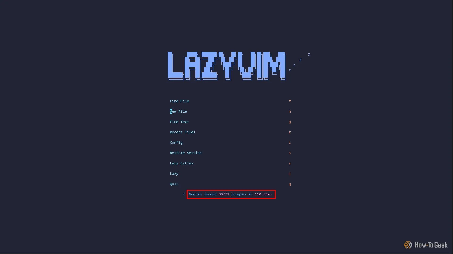 Màn hình chính của LazyVim trong Neovim hiển thị thống kê tải ứng dụng với thời gian khởi động 110 mili giây và 33/71 gói đã tải, thể hiện tốc độ ấn tượng.