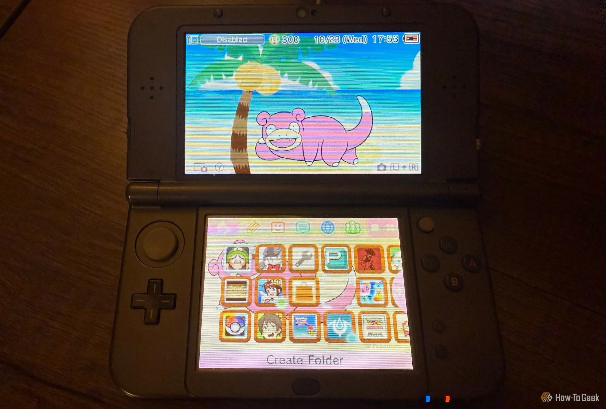 Màn hình chính New Nintendo 3DS XL với chủ đề Slowpoke, minh họa trải nghiệm game trên màn hình nhỏ