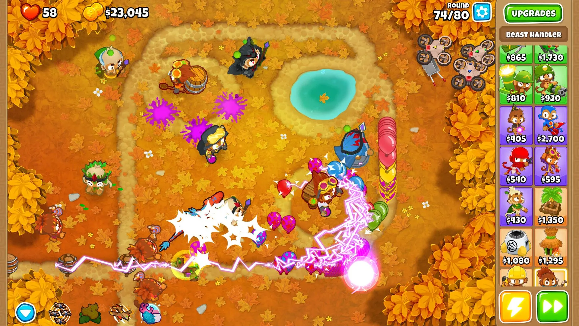 Màn hình chơi game Bloons Tower Defense với các tháp phòng thủ và bóng bay, minh họa sự phát triển của game trình duyệt sang nền tảng di động.