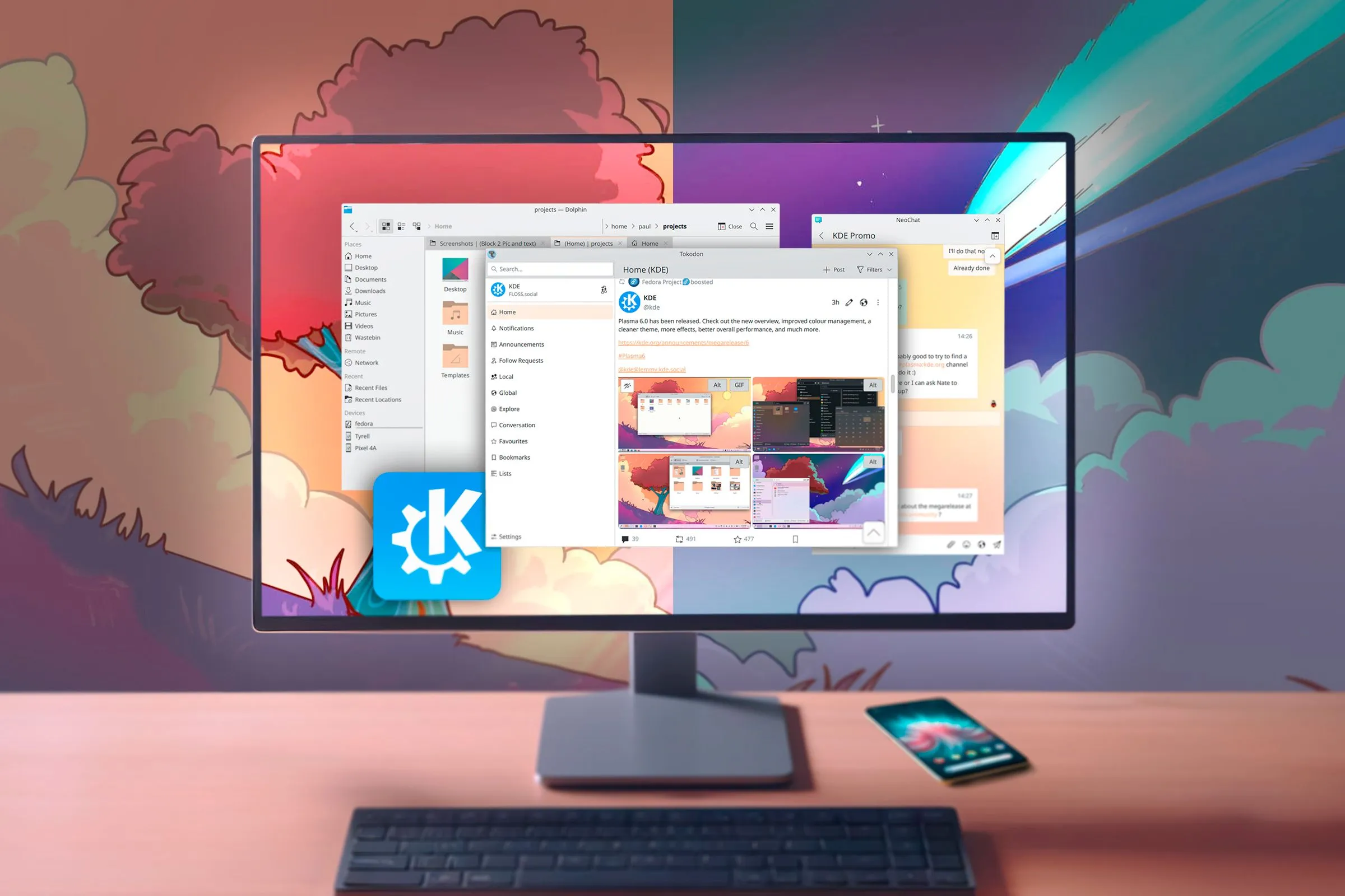Màn hình desktop KDE Plasma với nhiều cửa sổ ứng dụng đang mở, minh họa khả năng tổ chức công việc hiệu quả