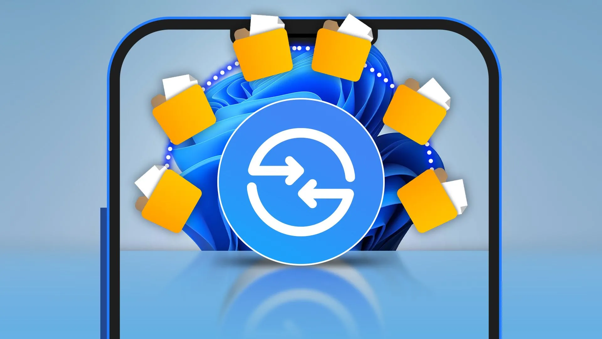 Màn hình điện thoại hiển thị logo Quick Share và các thư mục tệp, minh họa việc truyền dữ liệu qua cổng USB để kiểm tra tốc độ.