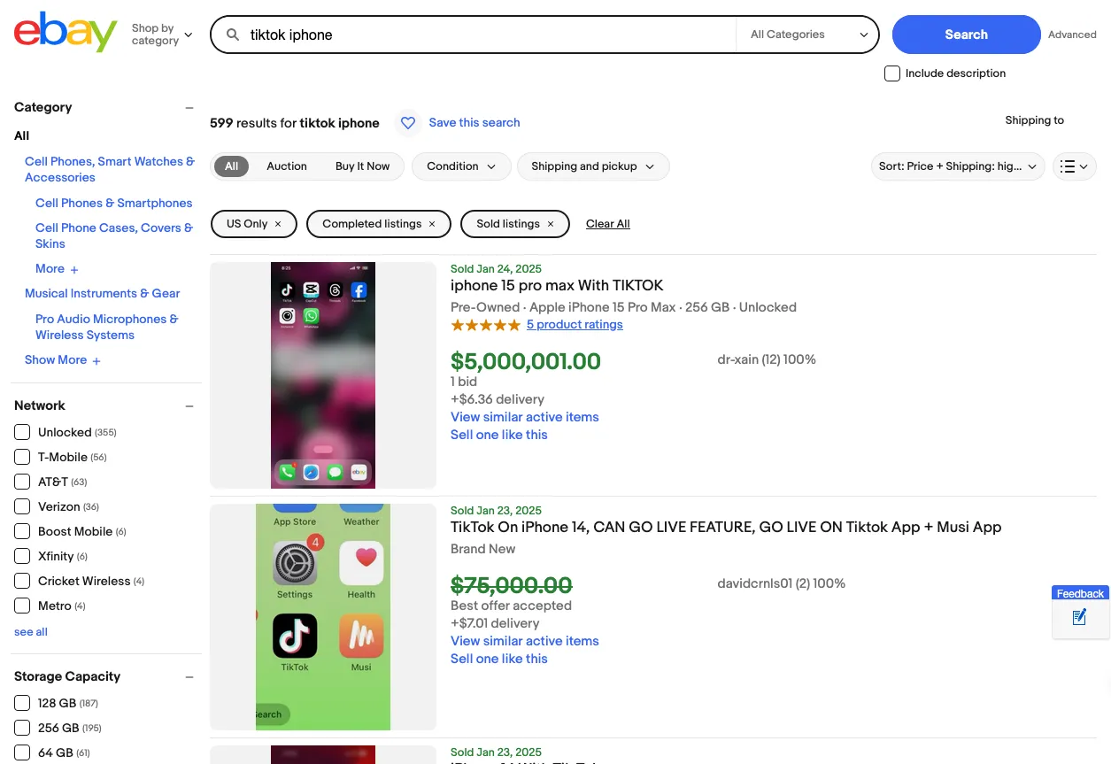 Màn hình eBay hiển thị iPhone đã cài TikTok được rao bán với giá 5 triệu và 75.000 USD.