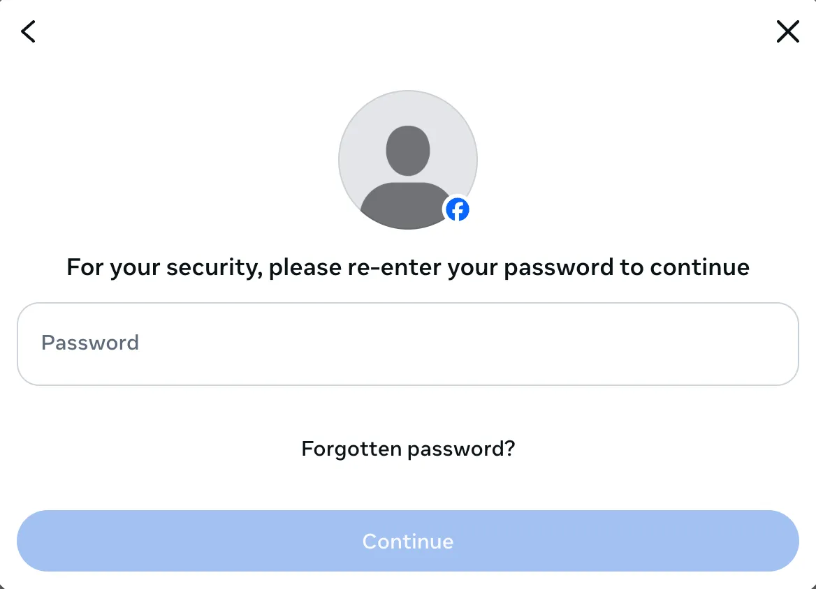 Màn hình Facebook yêu cầu nhập mật khẩu để xác nhận vô hiệu hóa tài khoản vì lý do bảo mật