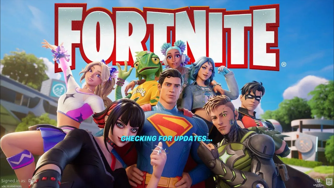 Màn hình &quot;Fortnite Checking for Updates&quot;, một ví dụ điển hình về thời gian chờ đợi khi tải các bản cập nhật game miễn phí.