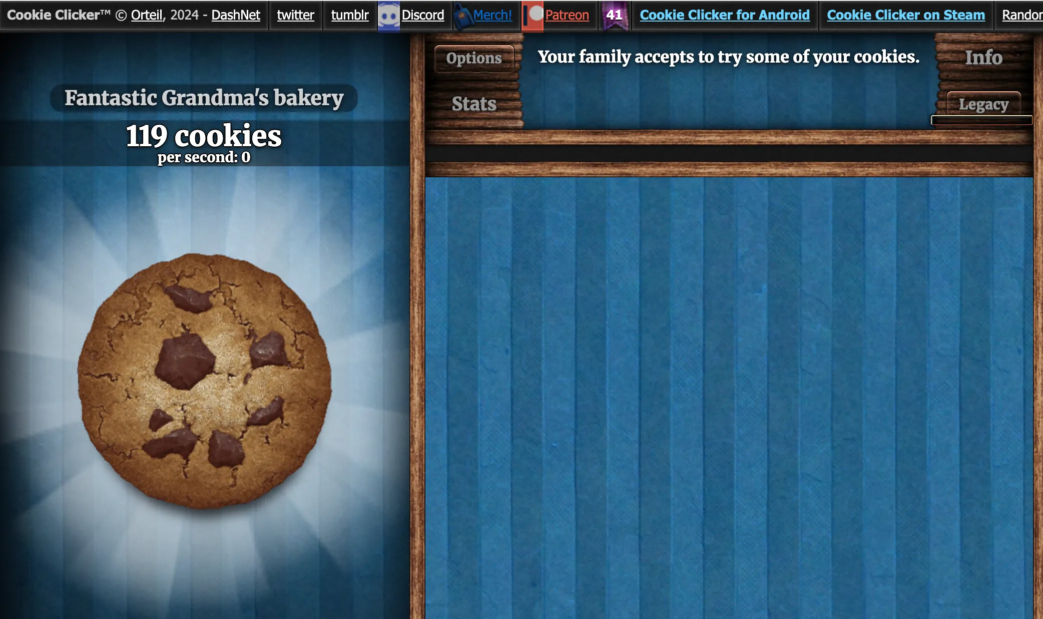 Màn hình game Cookie Clicker hiển thị chiếc bánh quy khổng lồ và các tùy chọn nâng cấp
