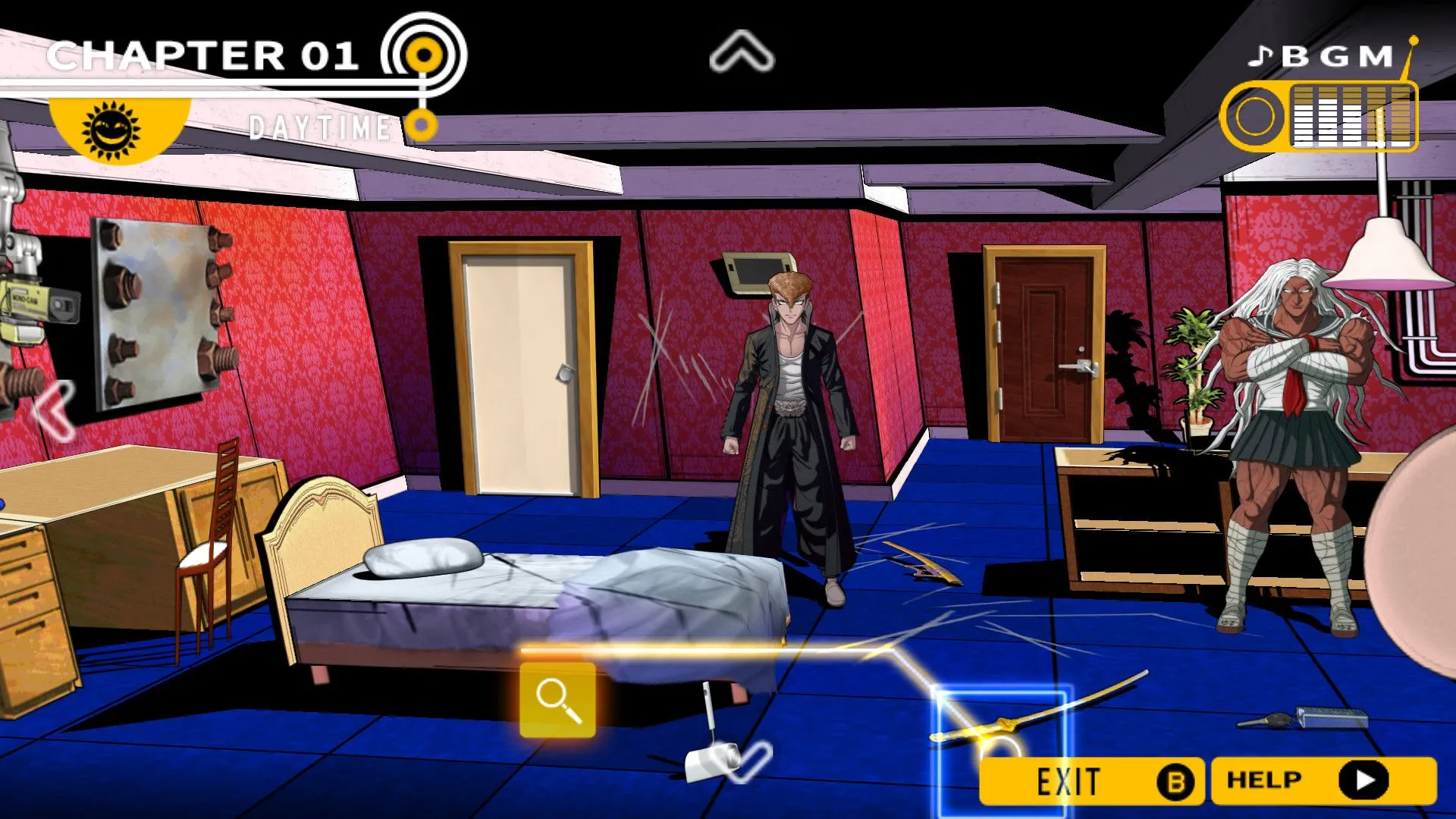 Màn hình game Danganronpa, ví dụ điển hình của thể loại Visual Novel cần duyệt menu
