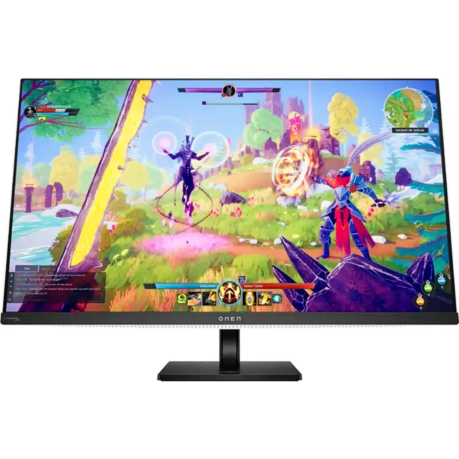 Màn hình gaming HP Omen Transcend 31.5 inch QD-OLED 4K UHD với chân đế có thể điều chỉnh độ cao, hiển thị cảnh game sống động trên nền trắng.