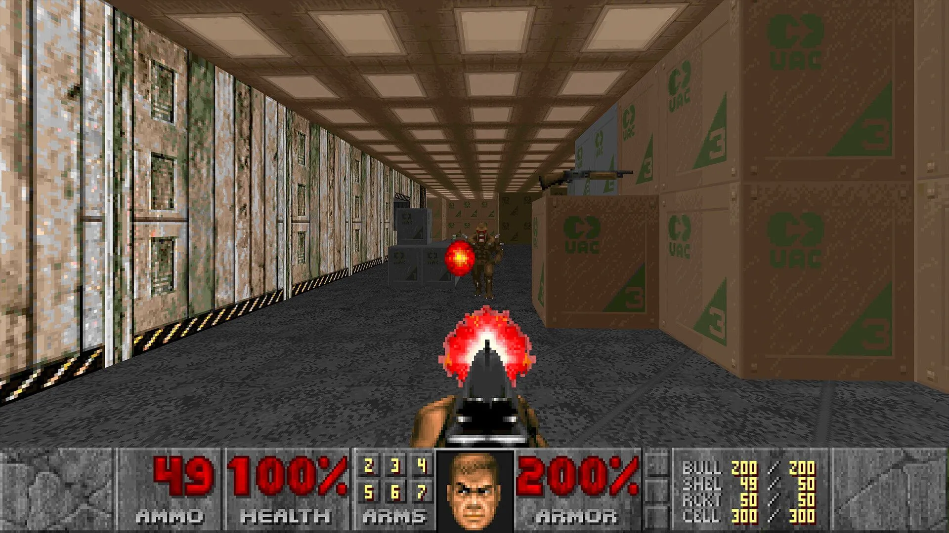 Màn hình HUD cổ điển của Doom khi chơi trên máy Mac