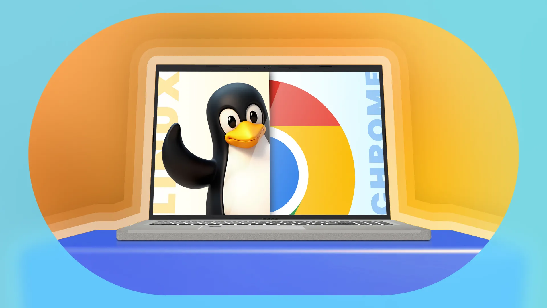 Màn hình máy tính xách tay hiển thị giao diện Linux ở một bên và ChromeOS ở bên còn lại, minh họa khả năng chạy đa nền tảng.