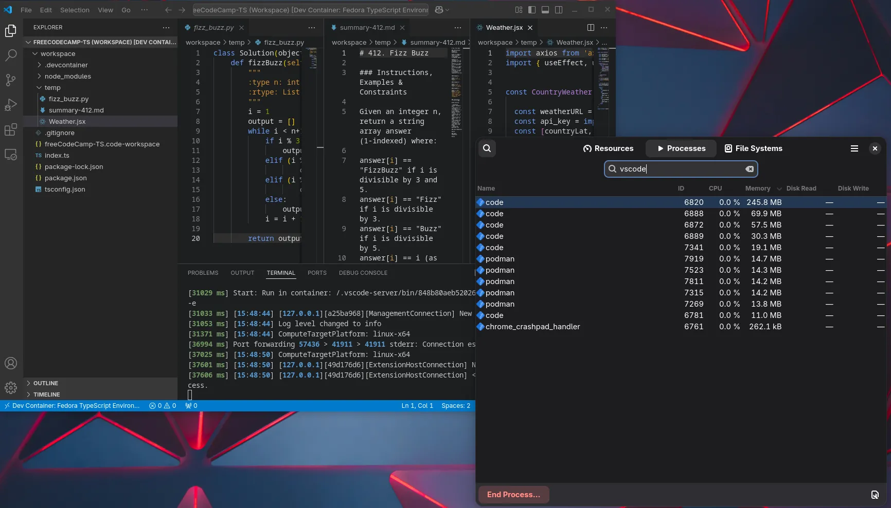 Màn hình quản lý tác vụ hệ thống hiển thị mức sử dụng bộ nhớ thấp của Visual Studio Code, chứng minh hiệu suất nhẹ và tối ưu tài nguyên.