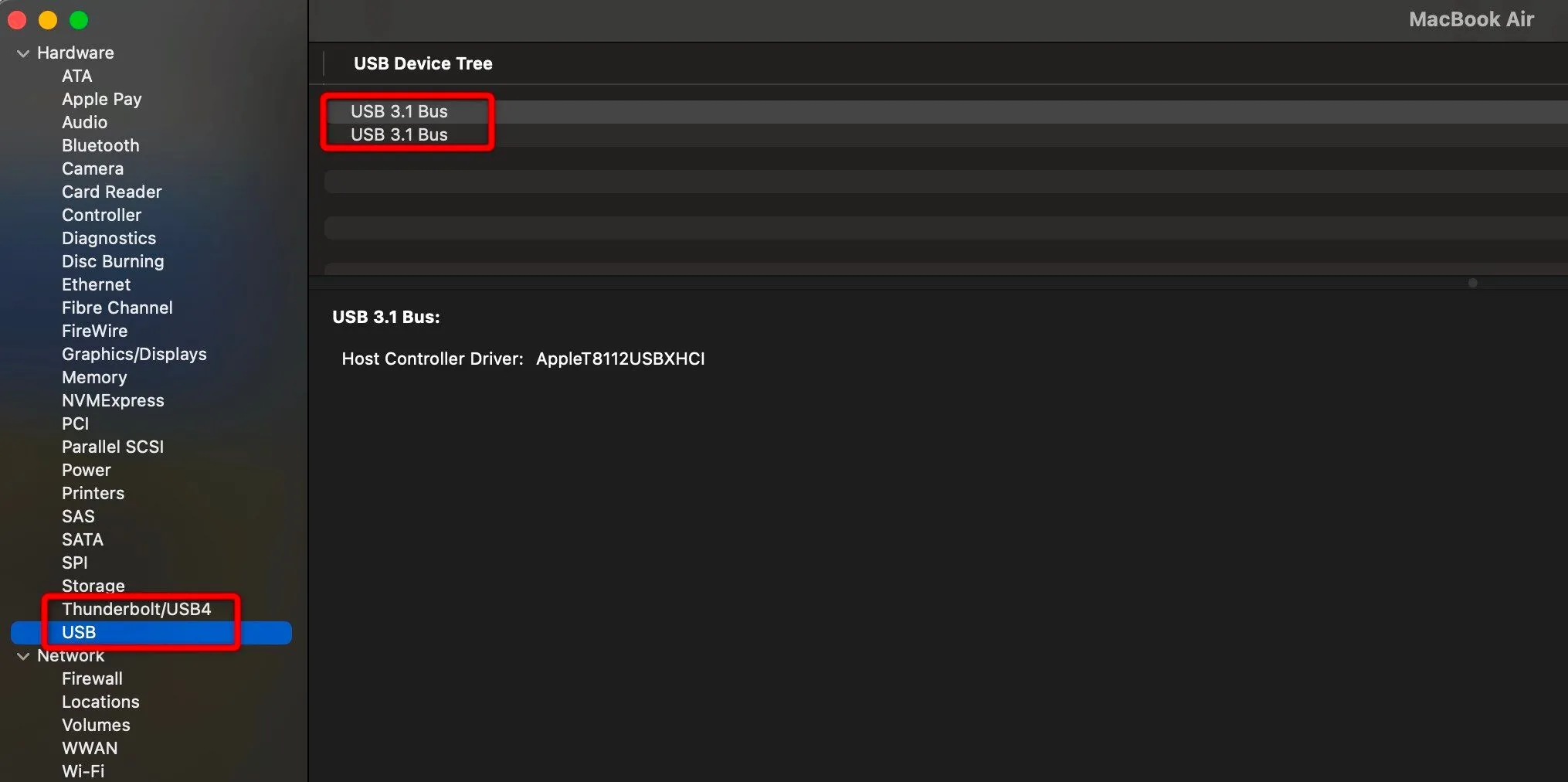 Màn hình System Information trên macOS, hiển thị thông tin chi tiết về các cổng USB và Thunderbolt, giúp xác định tốc độ cổng USB.