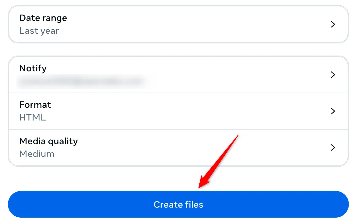 Màn hình &quot;Tạo tệp&quot; để bắt đầu quá trình tải xuống dữ liệu cá nhân từ Facebook