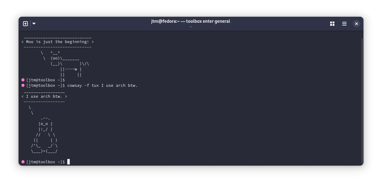 Màn hình terminal hiển thị bò `cowsay` nói chuyện trong Linux