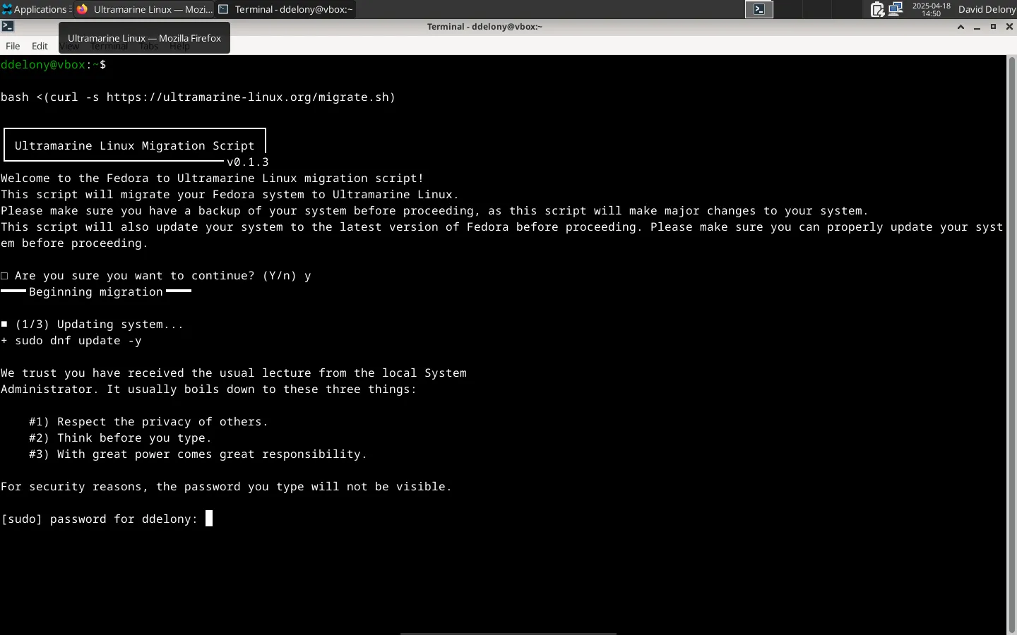 Màn hình terminal hiển thị script chuyển đổi từ bản Fedora sang Ultramarine Linux đang hoạt động