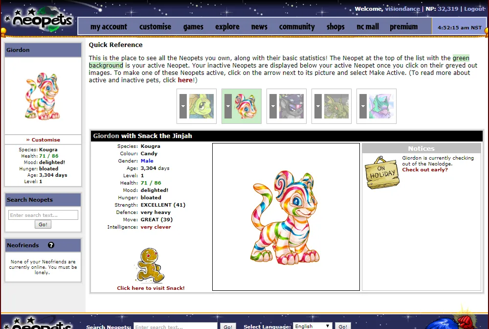 Màn hình trạng thái của game Neopets, hiển thị thú cưng ảo và các chỉ số chăm sóc