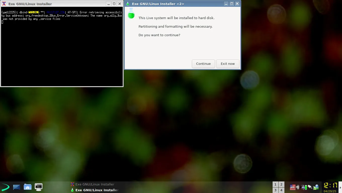 Màn hình trình cài đặt tùy chỉnh của EXE GNU/Linux, hiển thị các bước thiết lập hệ thống.