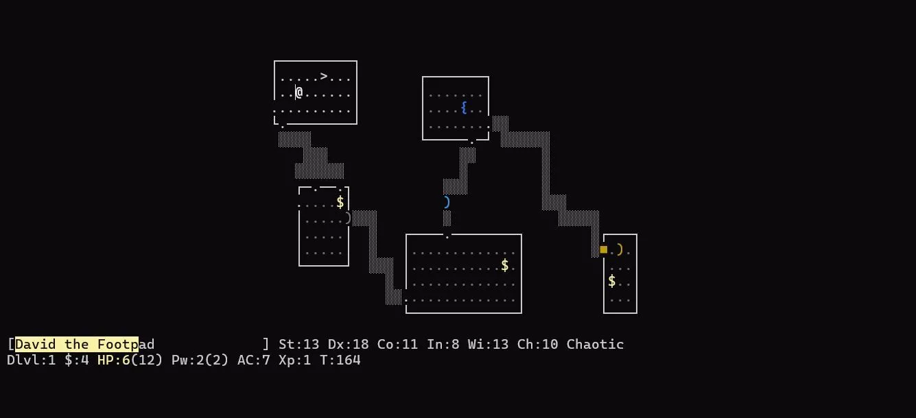 Màn hình trò chơi NetHack với đồ họa ASCII, minh họa game &quot;roguelike&quot; và giao diện người dùng văn bản (TUI).