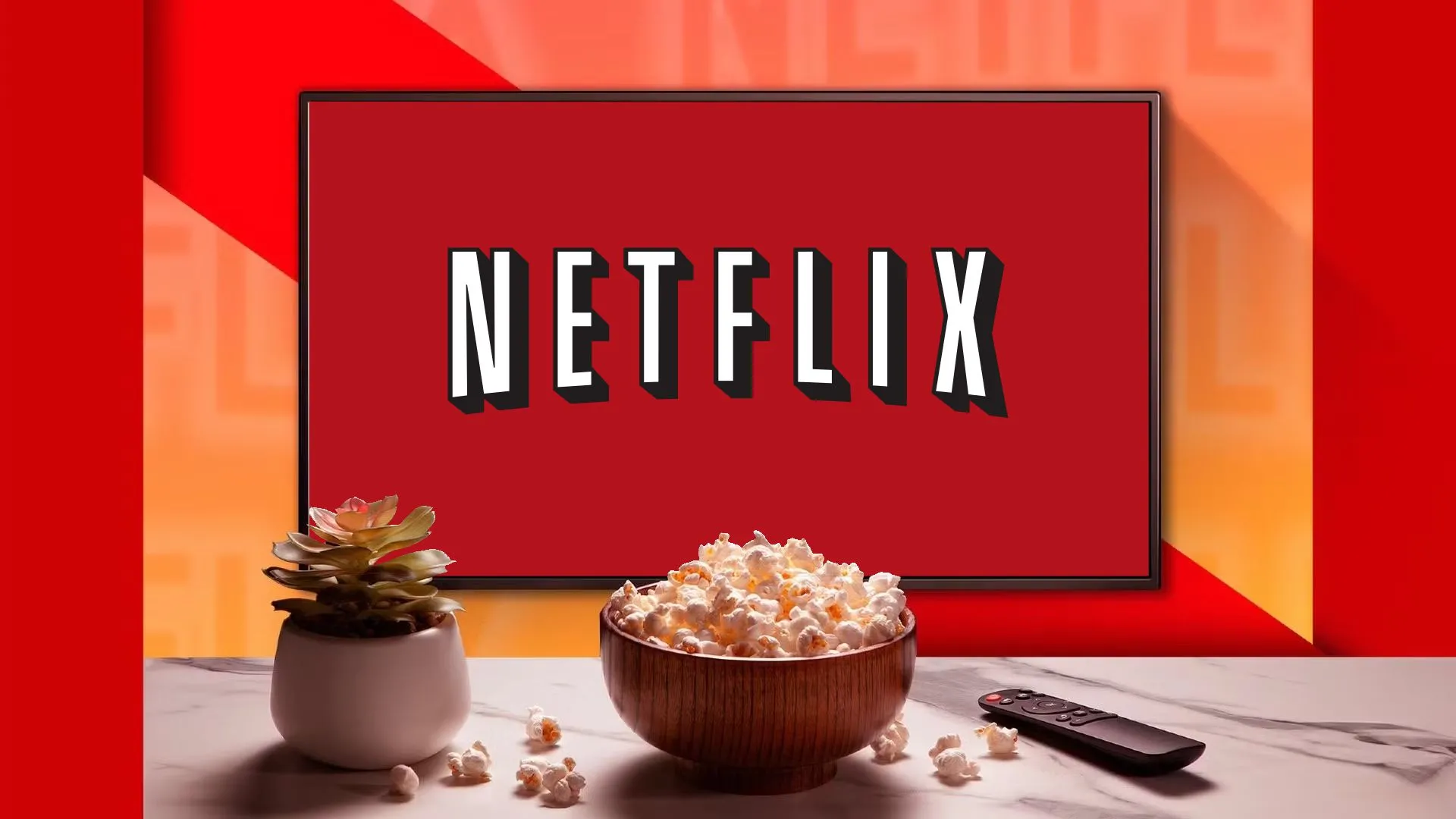 Màn hình TV hiển thị logo Netflix cũ, cùng với cây cảnh, bát bỏng ngô và điều khiển từ xa, tượng trưng cho sự chuyển dịch sang phát trực tuyến.