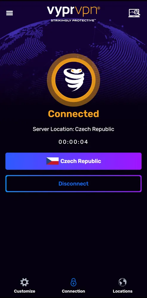 Màn hình ứng dụng VyprVPN sau khi kết nối thành công hiển thị trạng thái bảo mật