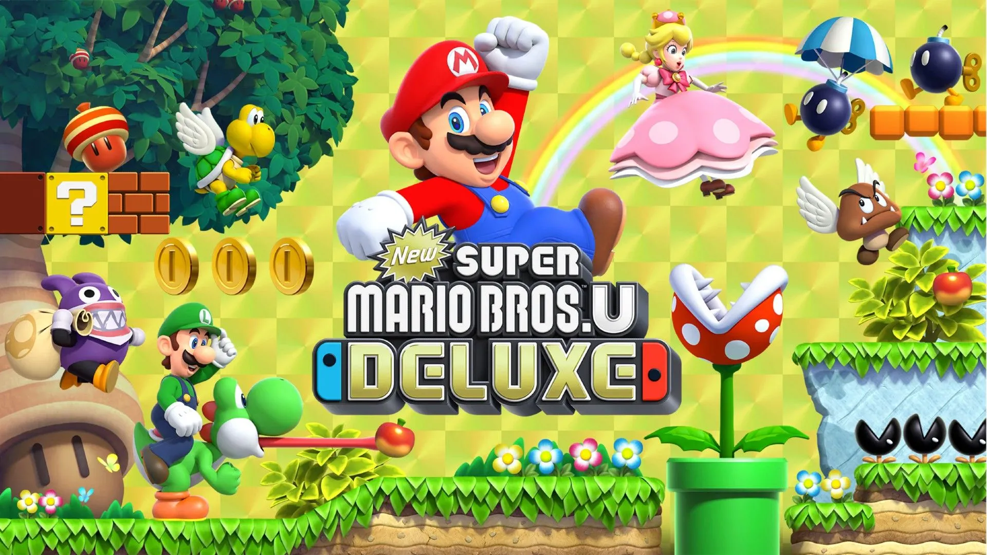 Mario trong New Super Mario Bros U Deluxe nhảy qua màn chơi.