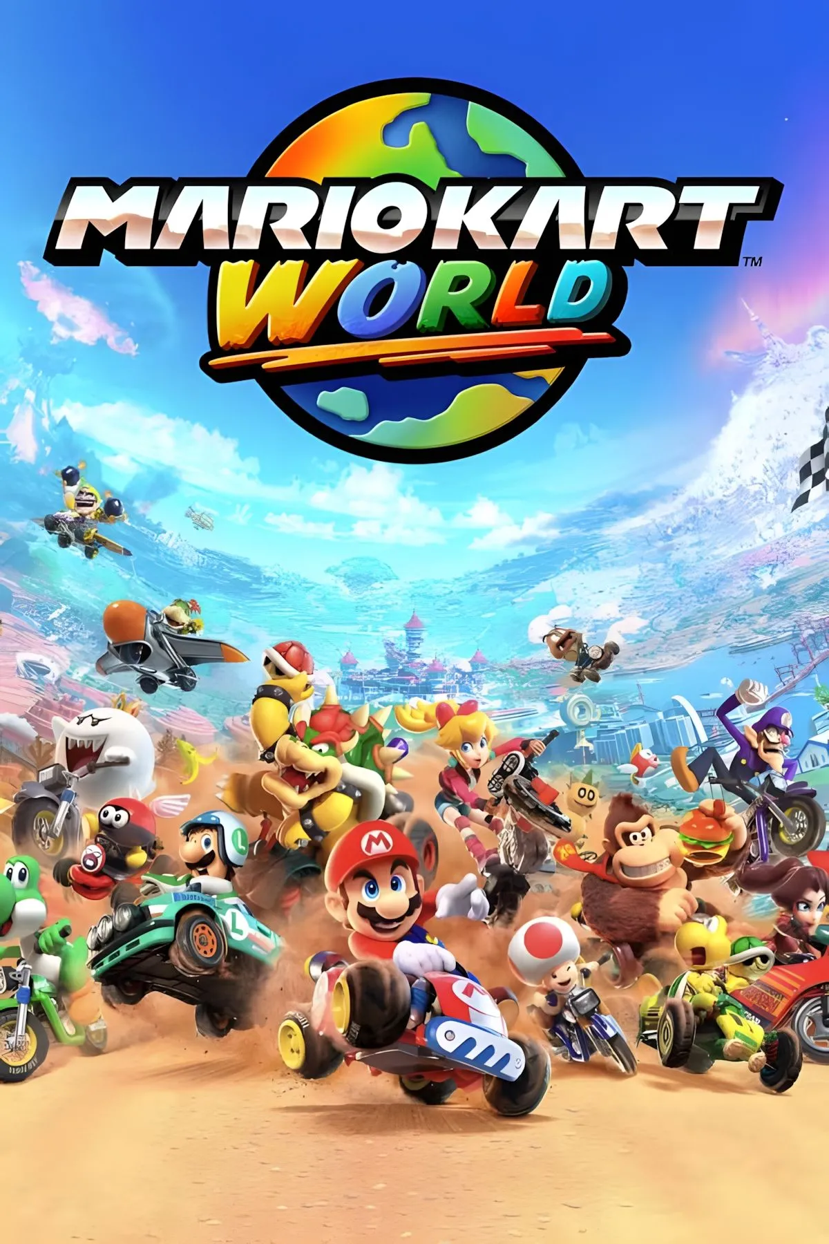 Mario và bạn bè đang đua xe trên đường đua đầy màu sắc của Mario Kart World.