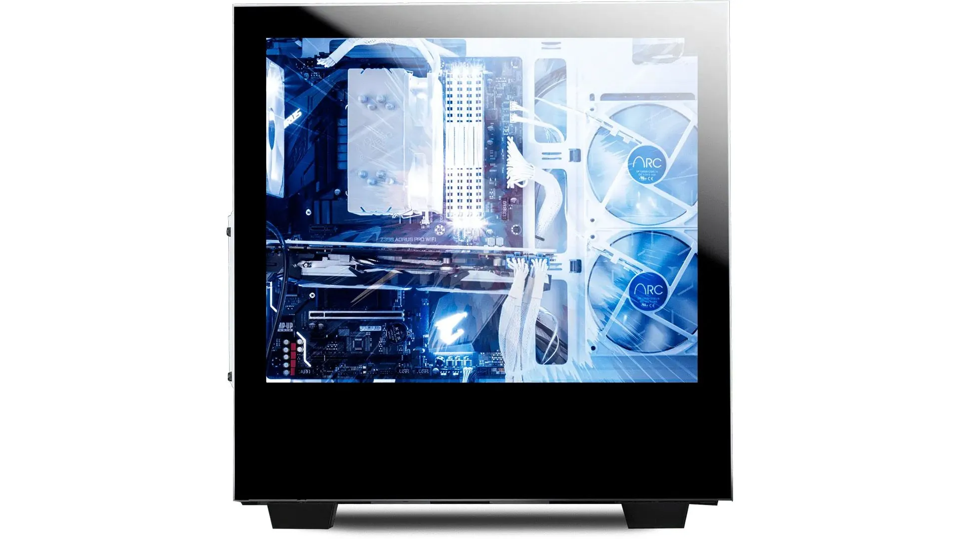 Mặt bên của case iBuyPower Snowblind S với tấm nền màn hình trong suốt, cho phép người dùng nhìn thấy linh kiện bên trong PC
