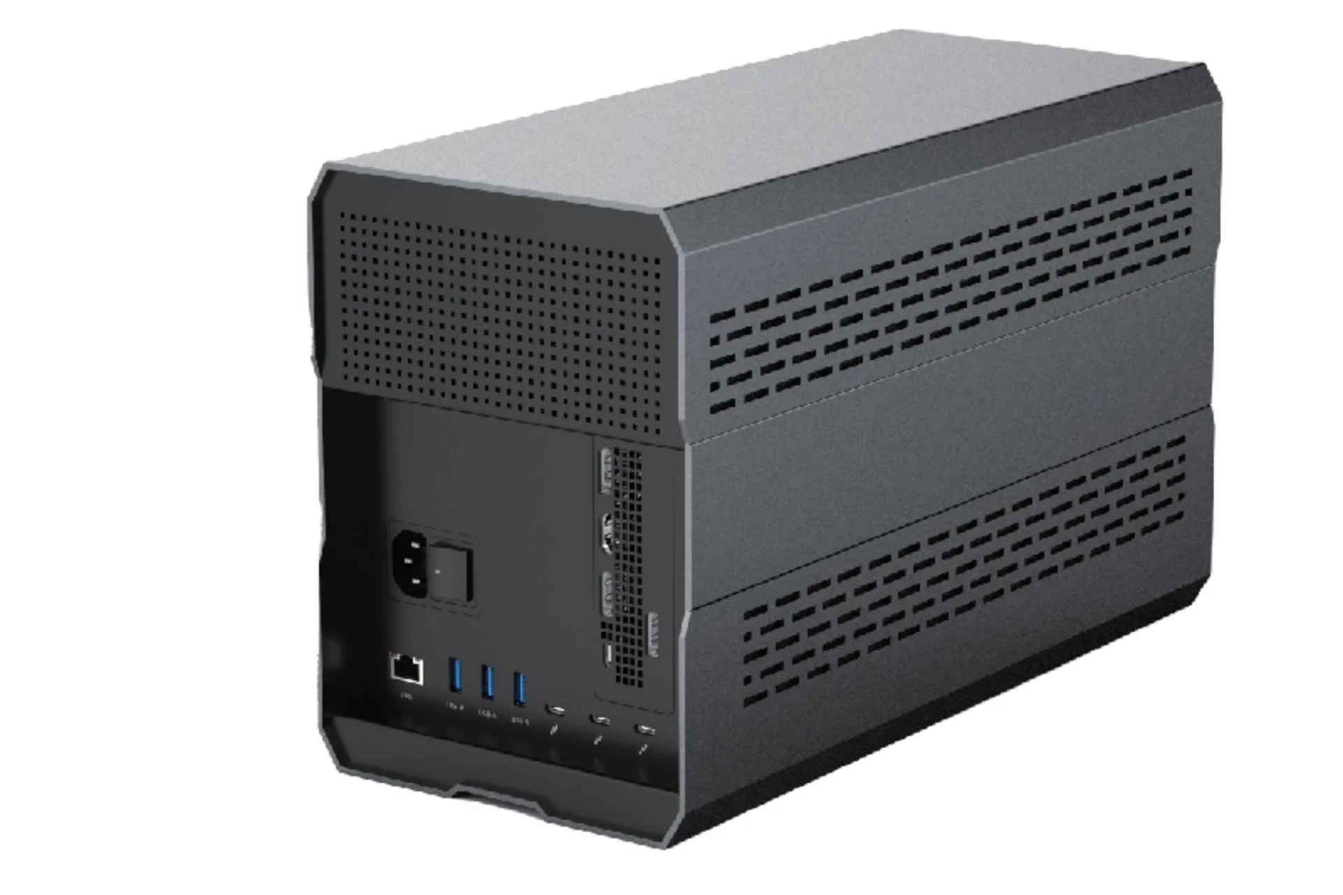 Mặt sau của vỏ bọc eGPU Winstars WS-GTD01, hiển thị đầy đủ các cổng kết nối đa dạng như Thunderbolt 5 và Ethernet