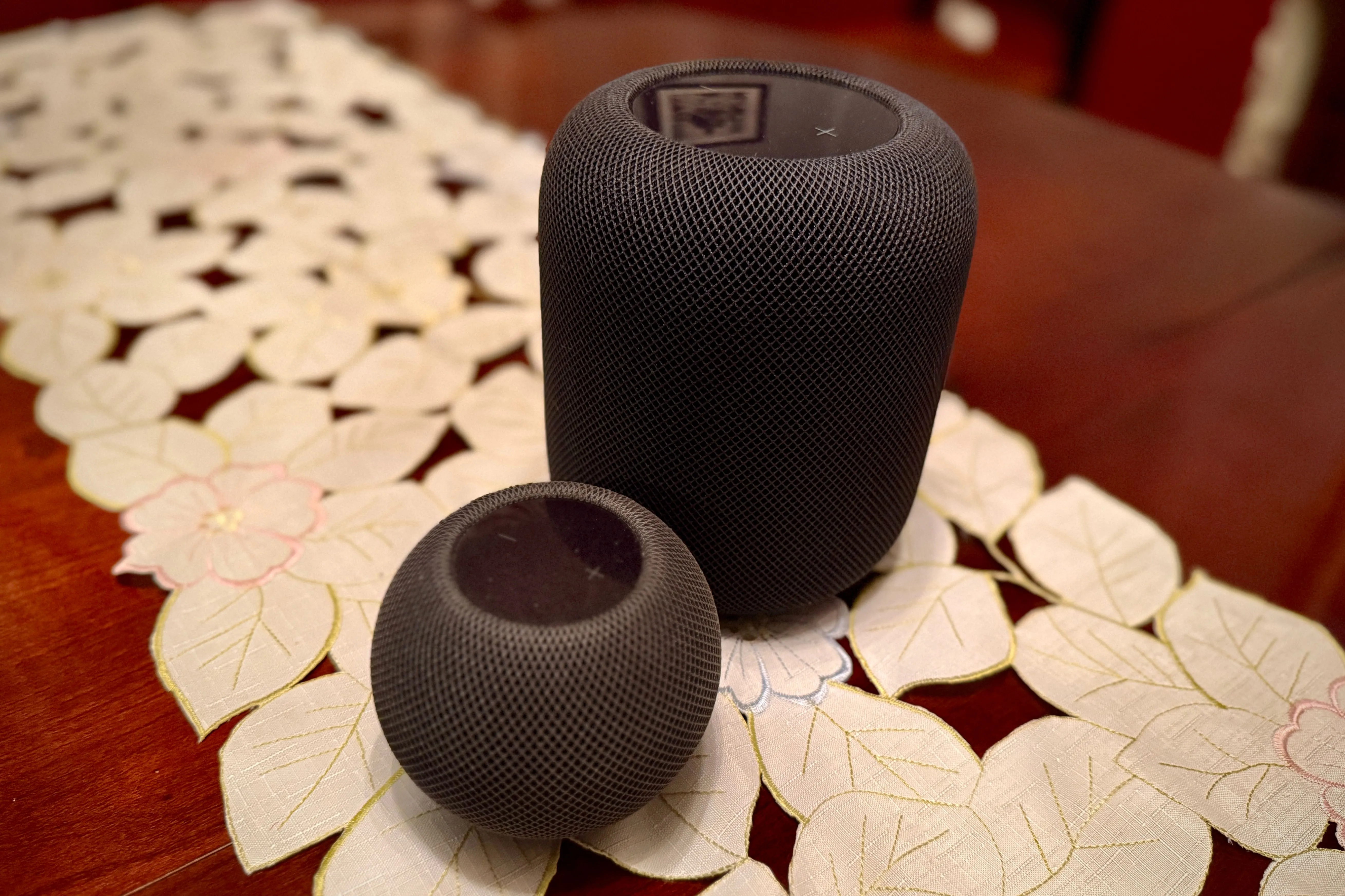 Mặt trên của HomePod màu đen và HomePod mini màu đen, cho thấy khu vực cảm ứng và đèn LED hiển thị trạng thái của Siri.