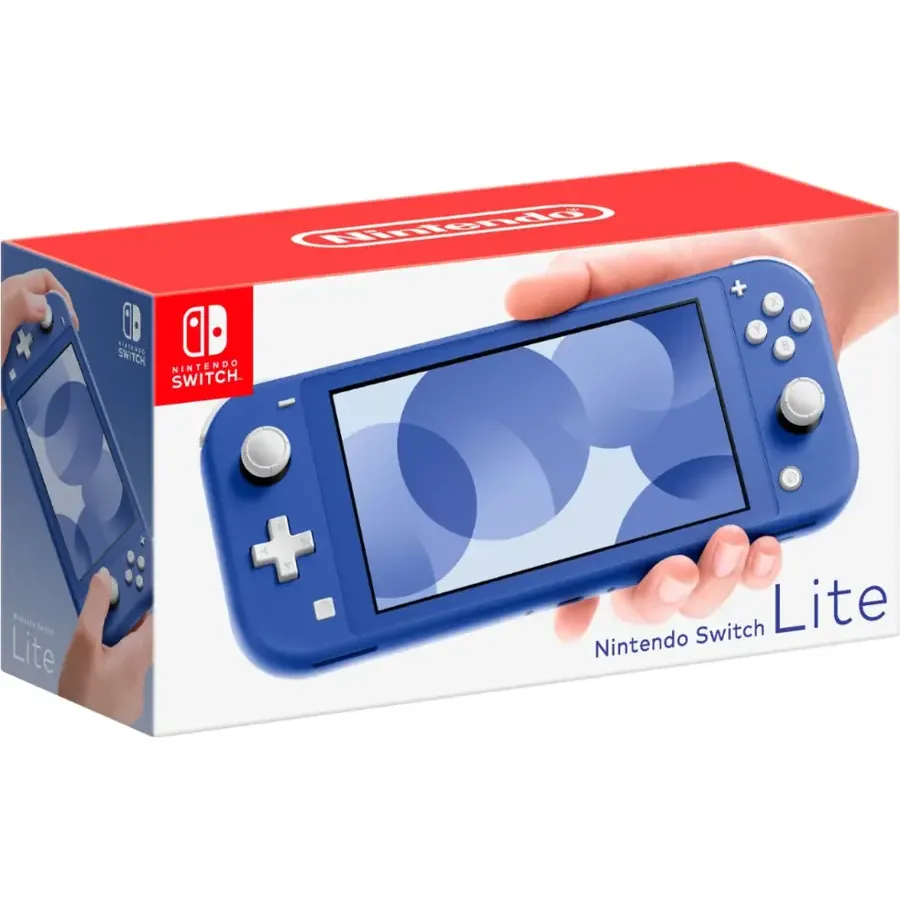 Máy chơi game cầm tay Nintendo Switch Lite màu xanh lam, minh họa khả năng chuyển đổi thẻ game ảo giữa các thiết bị Switch.
