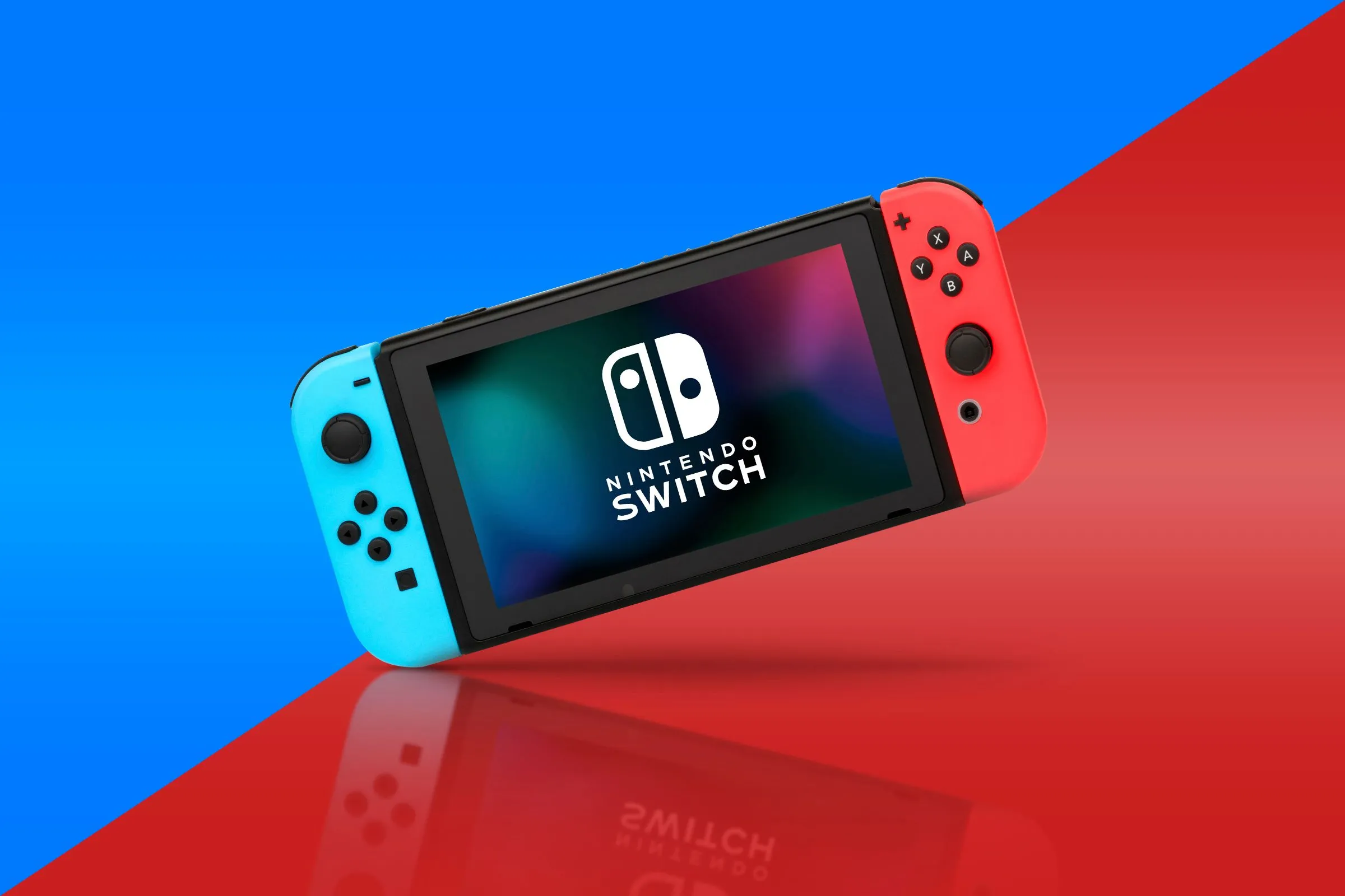 Máy chơi game Nintendo Switch với tay cầm Joy-Con màu xanh và đỏ, đặt trên nền chuyển màu xanh lá và xanh dương, minh họa cho tính năng chia sẻ game ảo mới.